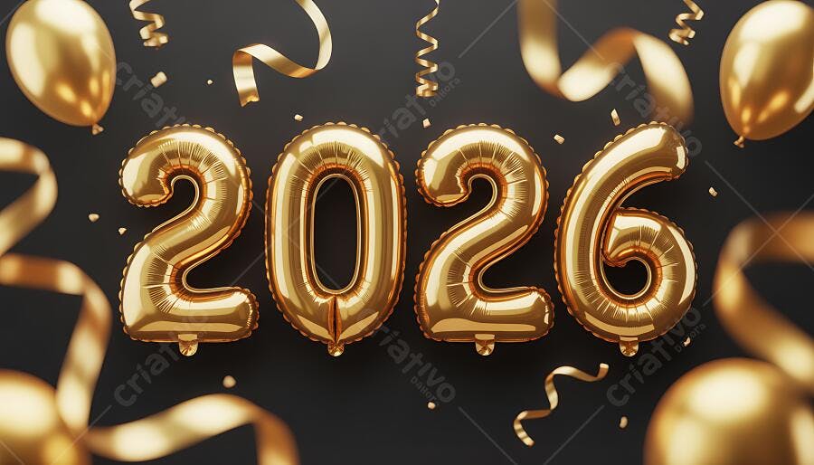 Balões dourados 2026 celebração de Ano Novo com fitas e confetes