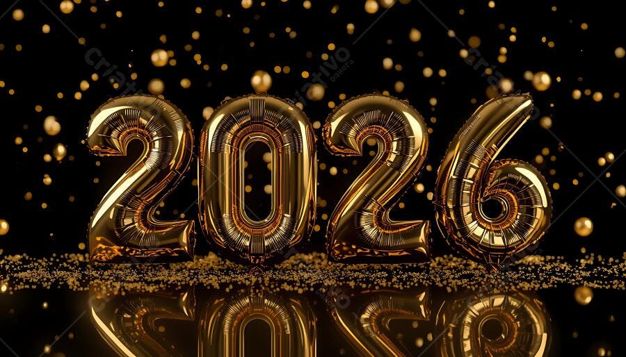 Balões dourados 2026 com confetes brilhantes para celebração de ano novo