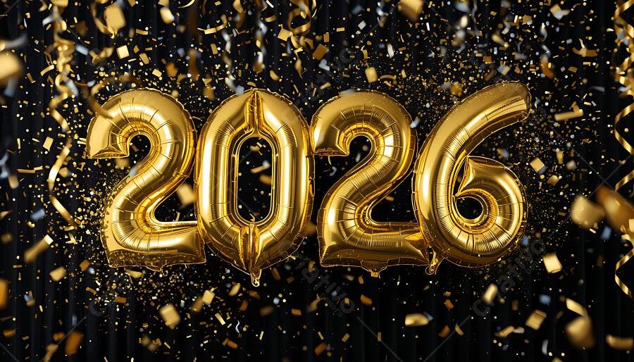 Balões dourados 2026 e confetes em festa de Ano Novo