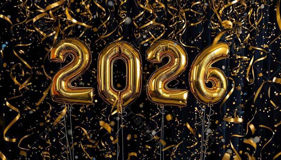 Balões dourados 2026 com confetes em festa de Ano Novo