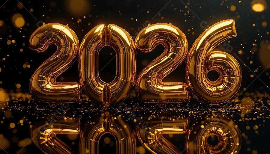 Balões dourados 2026 em fundo escuro com brilhos festivos Ano Novo