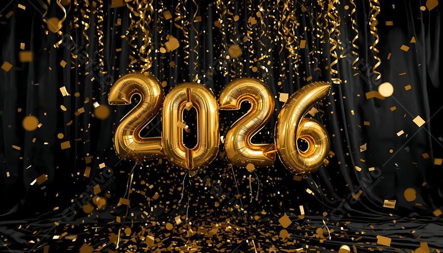 Balões dourados 2026 e confetes em fundo preto festa de Ano Novo