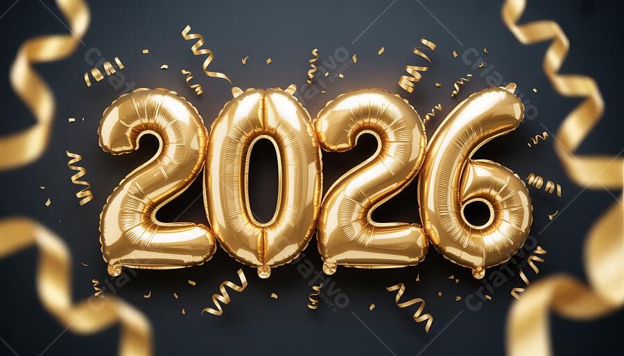 Balões dourados 2026 com confetes e fitas em fundo escuro