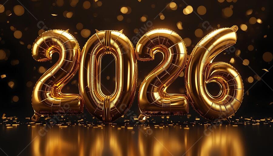 Balões dourados 2026 ano novo celebração fundo escuro e confetes brilhantes