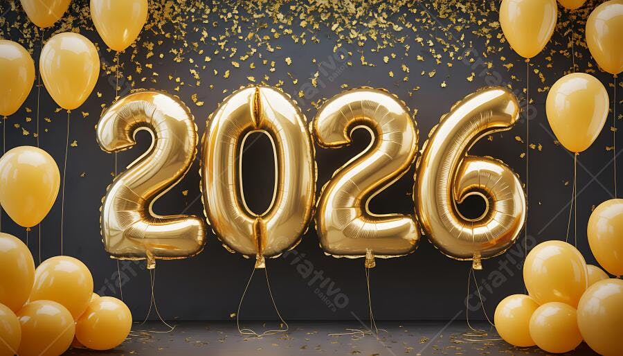 Balões dourados 2026 e confetes em fundo preto festa Ano Novo