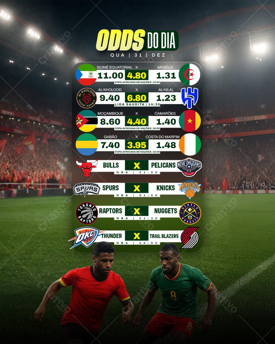 Flyer de Odds do Dia Futebol Basquete com Jogadores PSD Editável