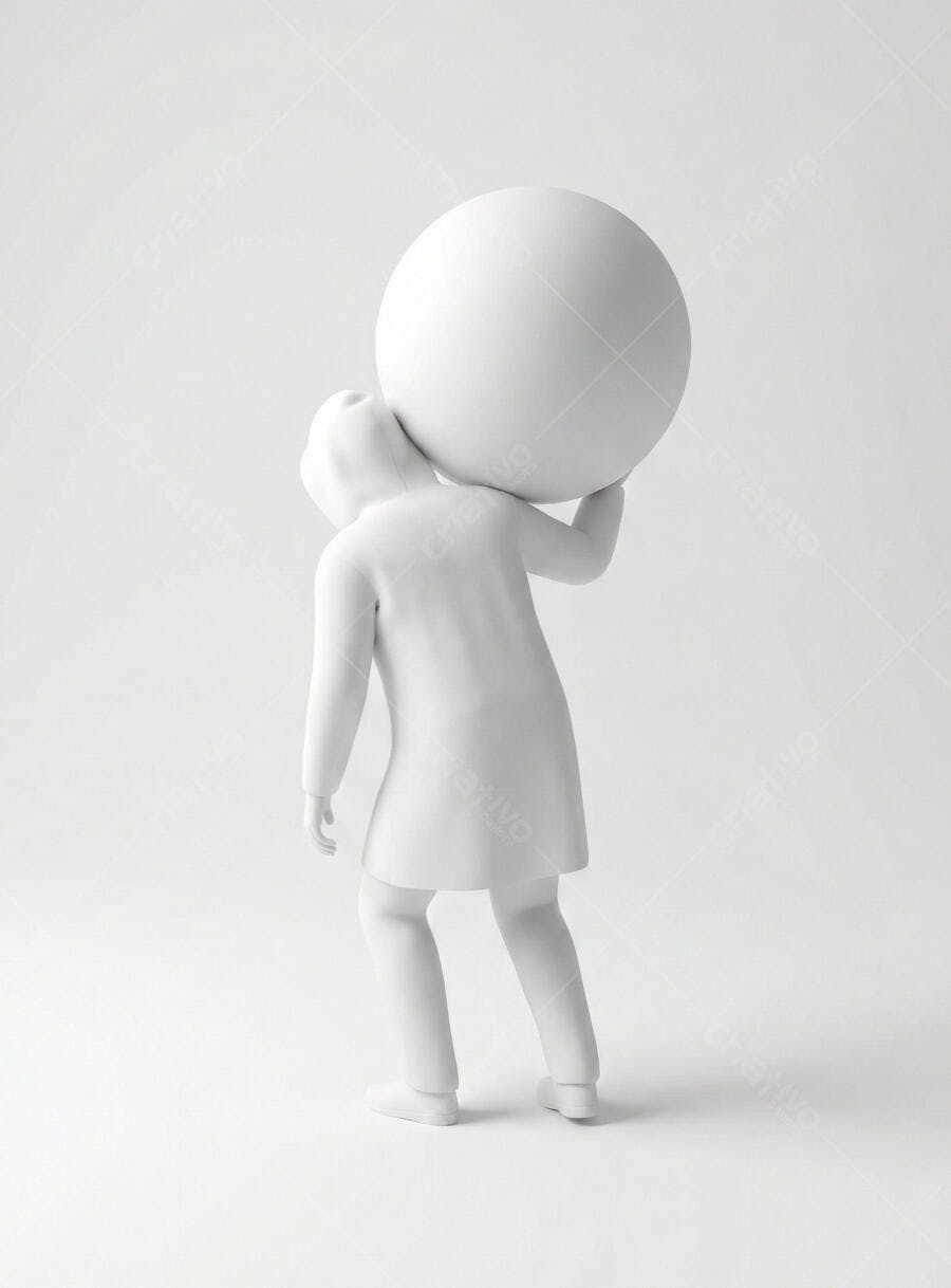 Figura branca minimalista carregando esfera pesada no ombro