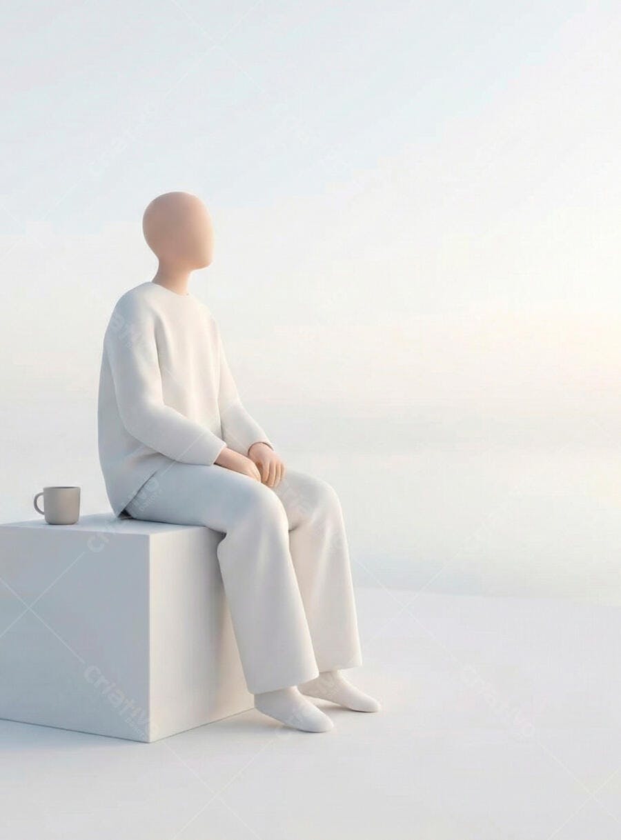 Figura 3D minimalista sentada em cubo branco com xícara em ambiente clean