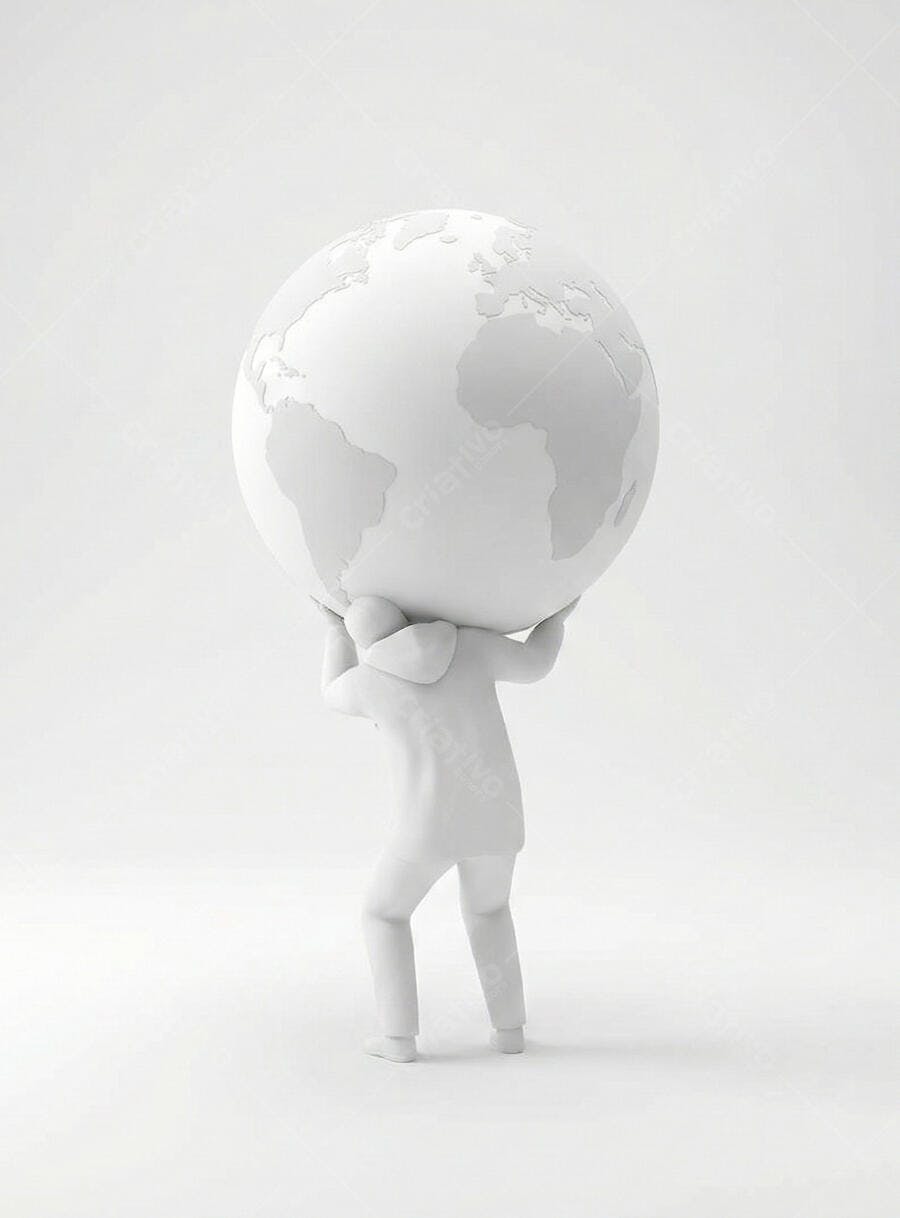 Homem estilizado branco carrega globo terrestre peso responsabilidade