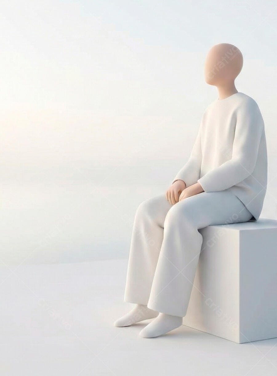 Figura 3D minimalista branca sentada em cubo contexto abstrato