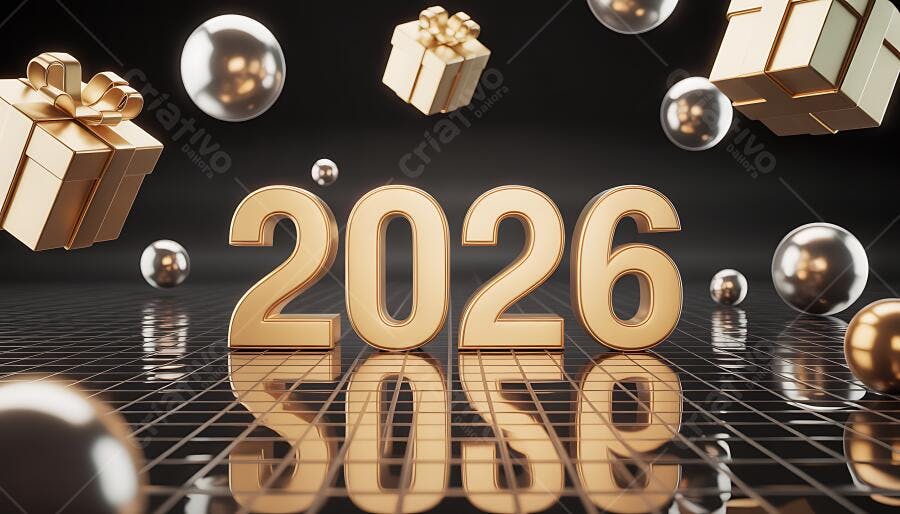 2026 dourado com presentes e esferas brilhantes sobre fundo escuro