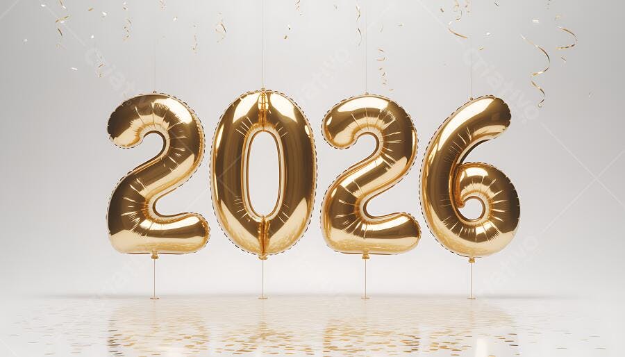 Balões dourados 2026 com confetes brilhantes celebração de Ano Novo