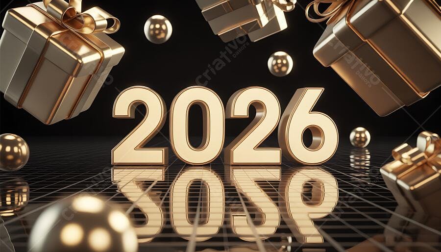 Ano 2026 dourado com presentes e esferas brilhantes em fundo escuro