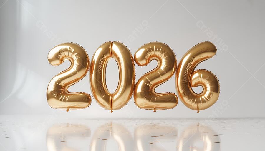 Balões dourados 2026 flutuando em fundo branco reflexivo