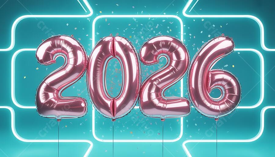Balões 2026 rosas metálicos com confetes em fundo azul neon festivo