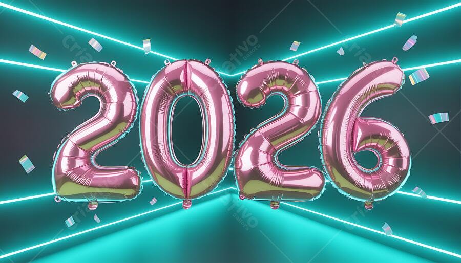 Balões metálicos rosa formando 2026 com luzes neon e confetes vibrantes