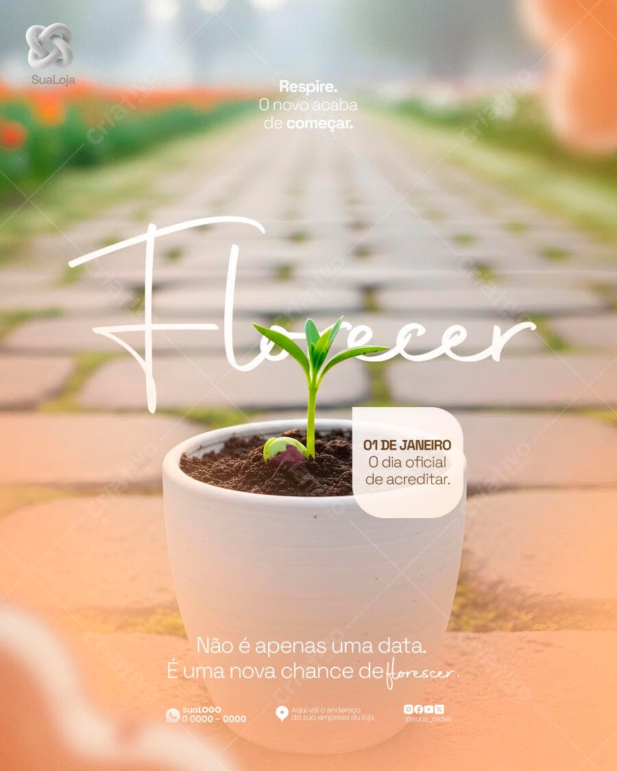 Post Redes Sociais Florescer 01 de Janeiro com Broto de Planta PSD Editável