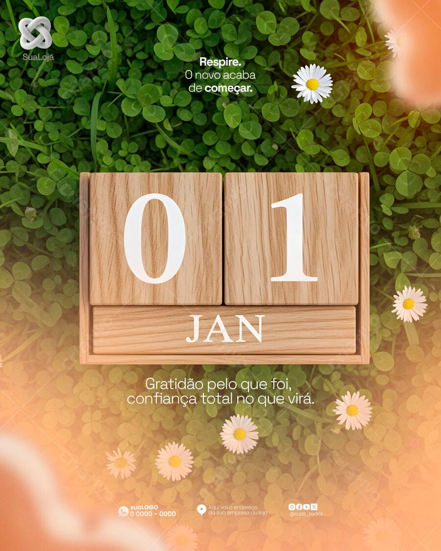 Post Redes Sociais Recomeço 01 de Janeiro Calendário e Margaridas PSD Editável