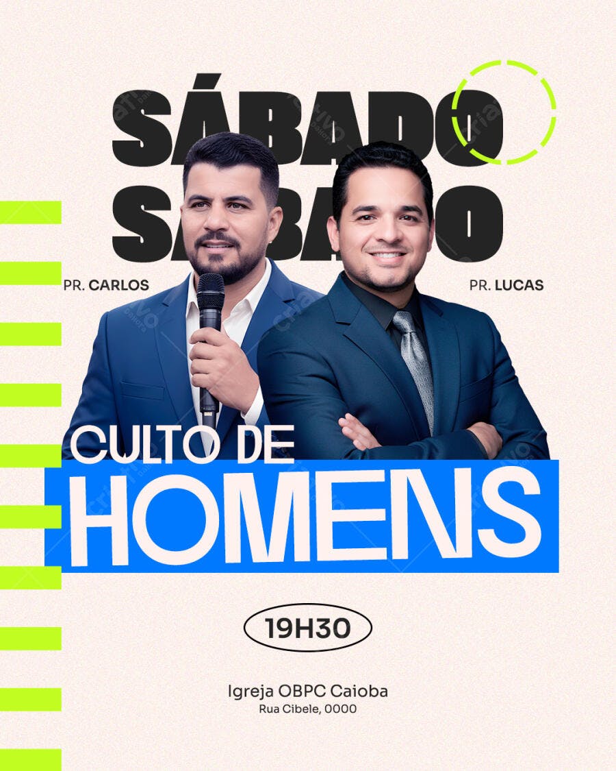 Flyer Culto de Homens Sábado com Pastores Carlos e Lucas PSD Editável