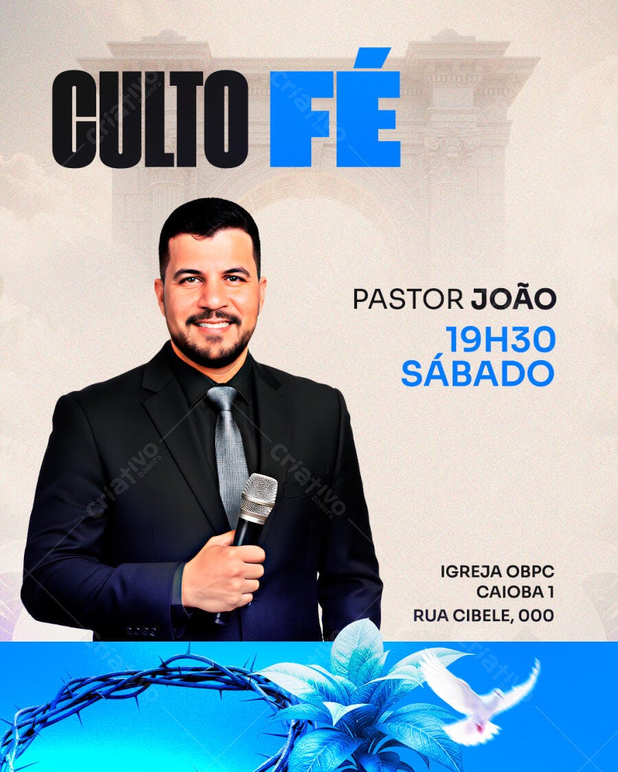 Flyer para Culto Fé com Pastor João PSD Editável