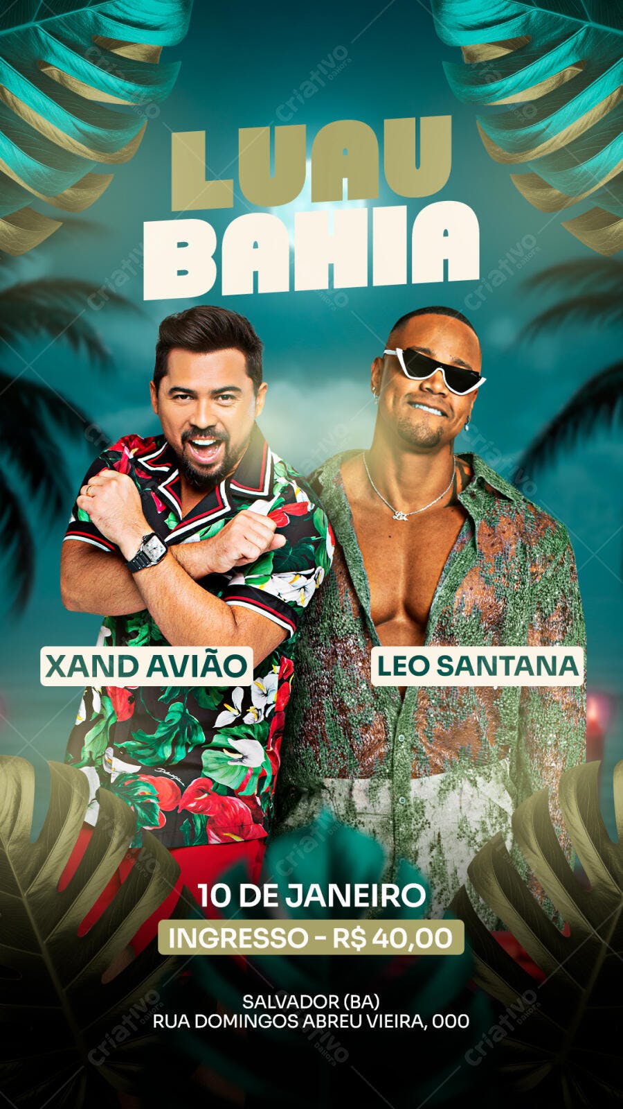 Flyer para Luau Bahia com Xand Avião e Leo Santana PSD Editável