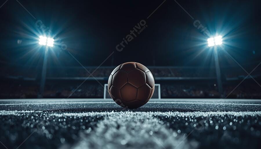 Bola de futebol marrom no campo iluminado de estádio à noite