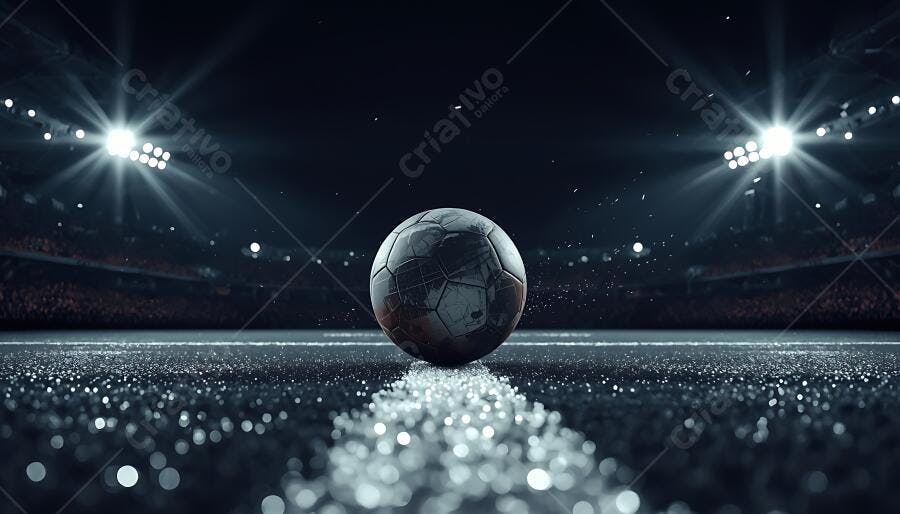 Bola de futebol no centro do campo em estádio noturno com luzes brilhantes