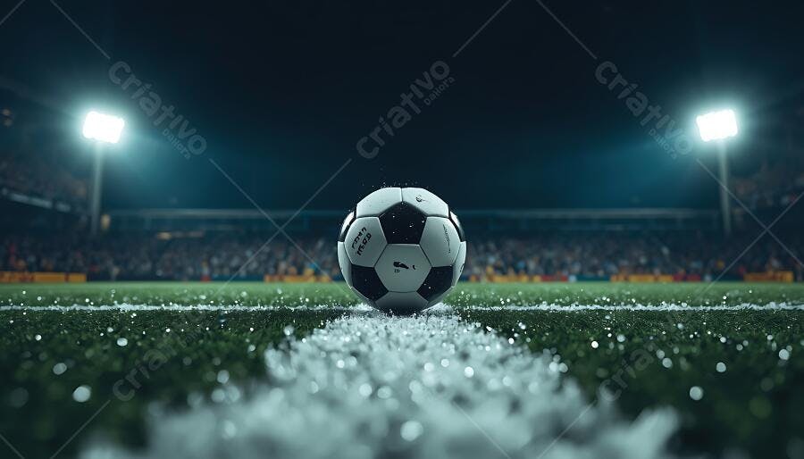 Bola de futebol no gramado do estádio à noite com luzes brilhantes