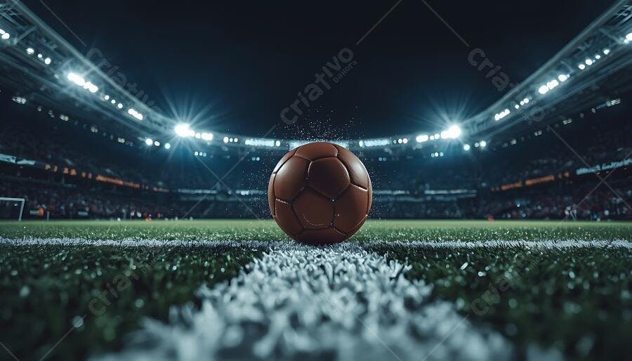 Bola de futebol marrom em campo de estádio iluminado à noite