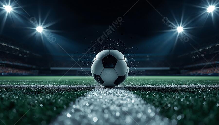 Bola de futebol no campo de gramado iluminado à noite em estádio