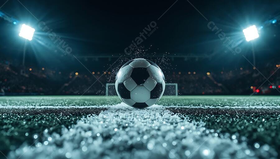 Bola de futebol no campo de grama iluminado à noite durante jogo