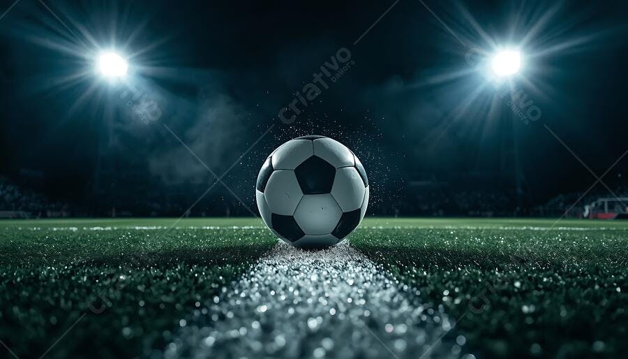 Bola de futebol no campo à noite sob holofotes brilhantes com gramado molhado