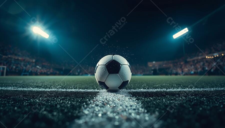 Bola de futebol no gramado à noite com luzes de estádio e torcida