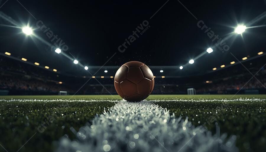 Bola de futebol no campo de estádio à noite sob holofotes