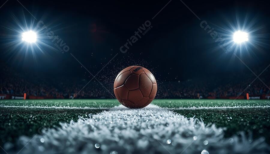 Bola de futebol marrom em campo de grama verde com luzes de estádio à noite