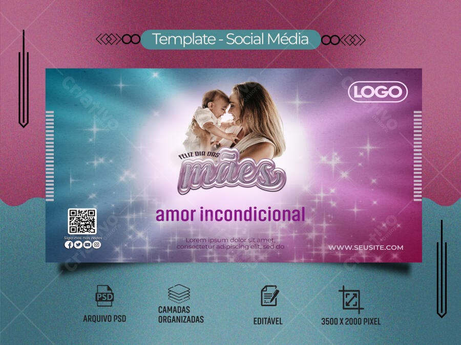 Banner Social Dia das Mães com Mãe e Bebê Feliz Amor Incondicional PSD Editável