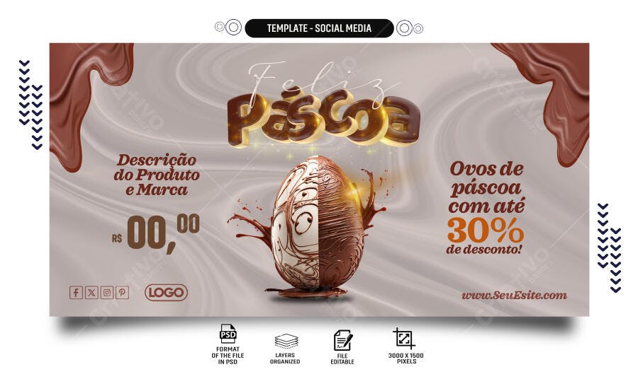 Social Media Post para Páscoa Ovos de Chocolate 30% Desconto PSD Editável