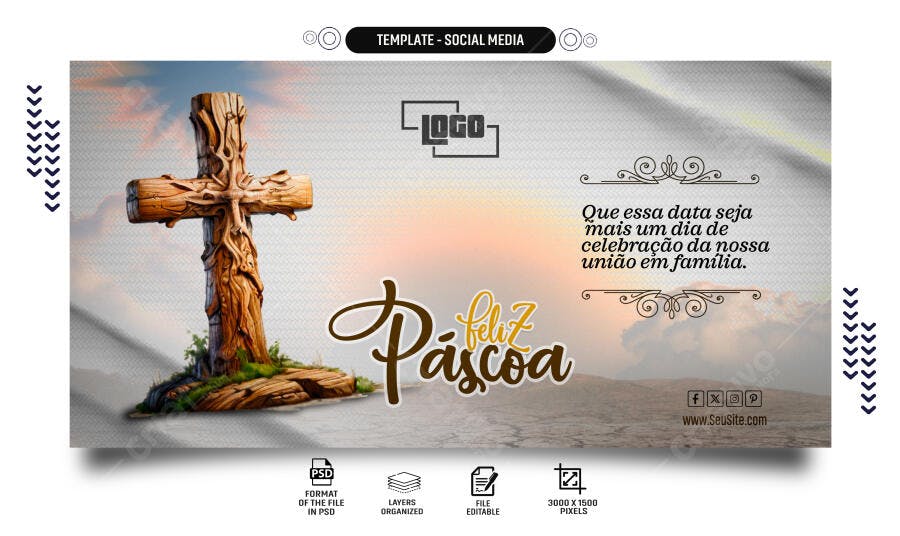 Flyer Páscoa Cristã Cruz de Madeira Entalhada Mensagem Familiar PSD Editável