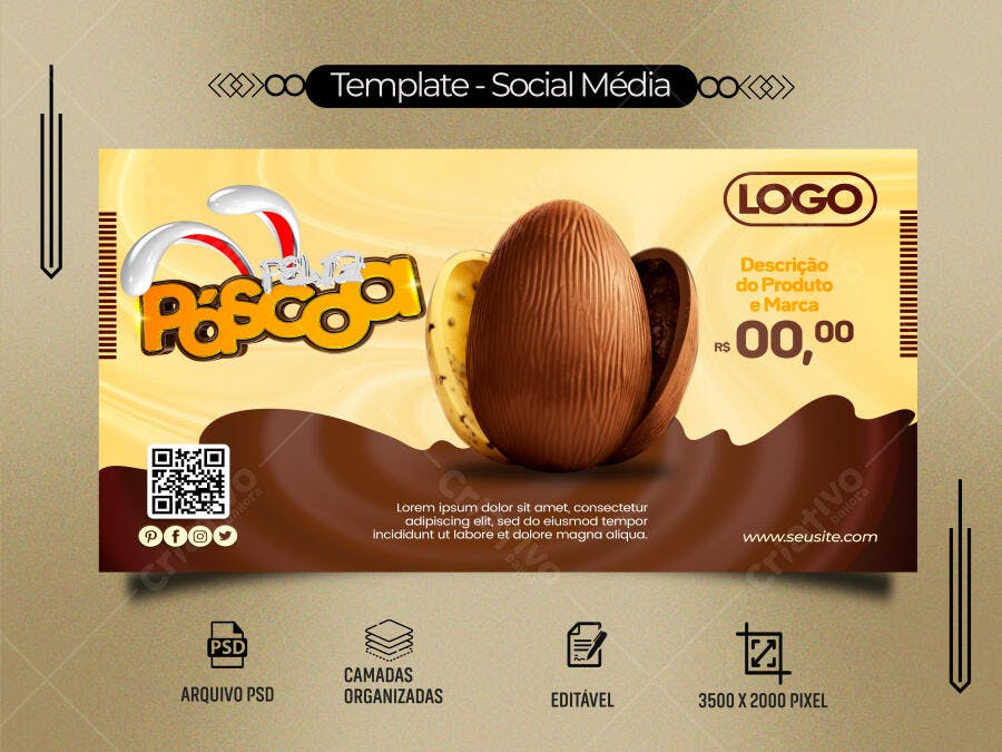 Post Social Mídia Páscoa Ovo de Chocolate e Orelhas de Coelho PSD Editável