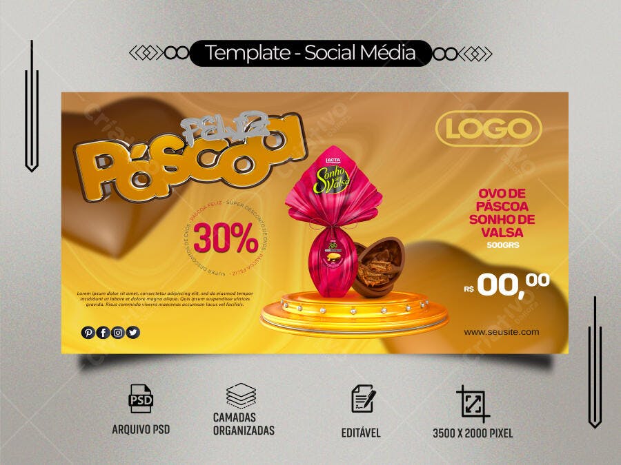 Flyer Promoção Feliz Páscoa Ovo Sonho de Valsa 30% Desconto PSD Editável