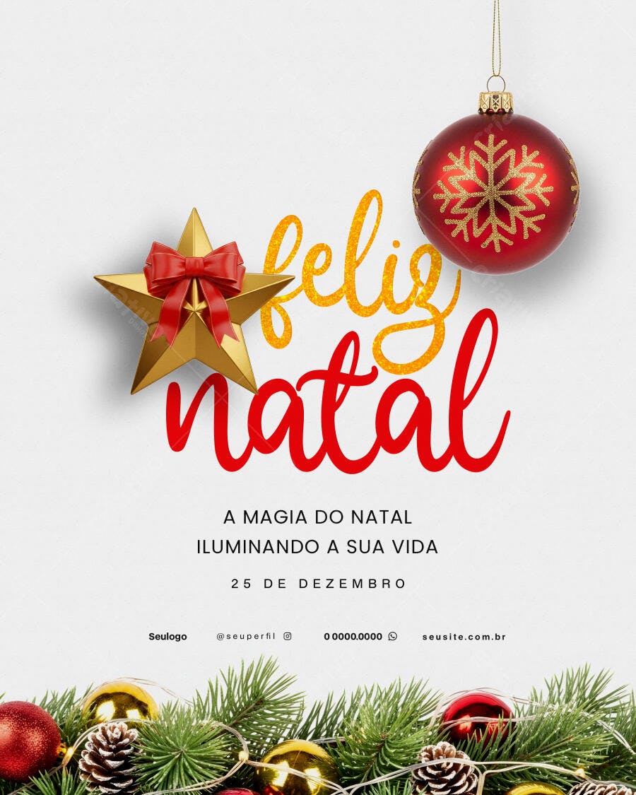 Flyer Feliz Natal Estrela Dourada e Bola Vermelha PSD Editável