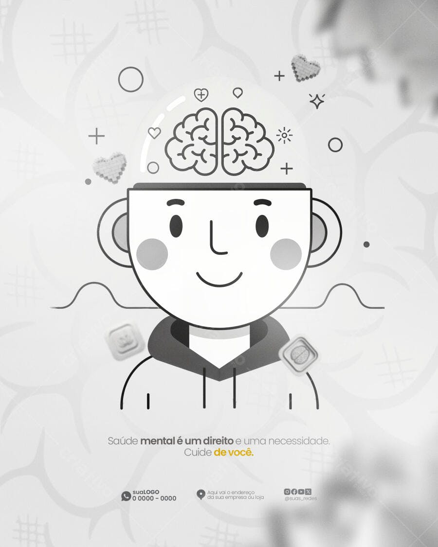 Flyer Saúde Mental Ilustração Cérebro Cuide de Você PSD Editável