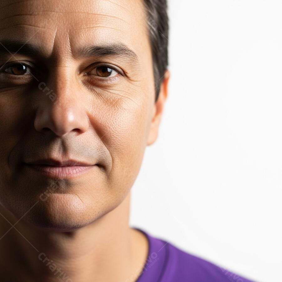 Homem de meia-idade com pele morena e olhos castanhos olhando atento para a câmera