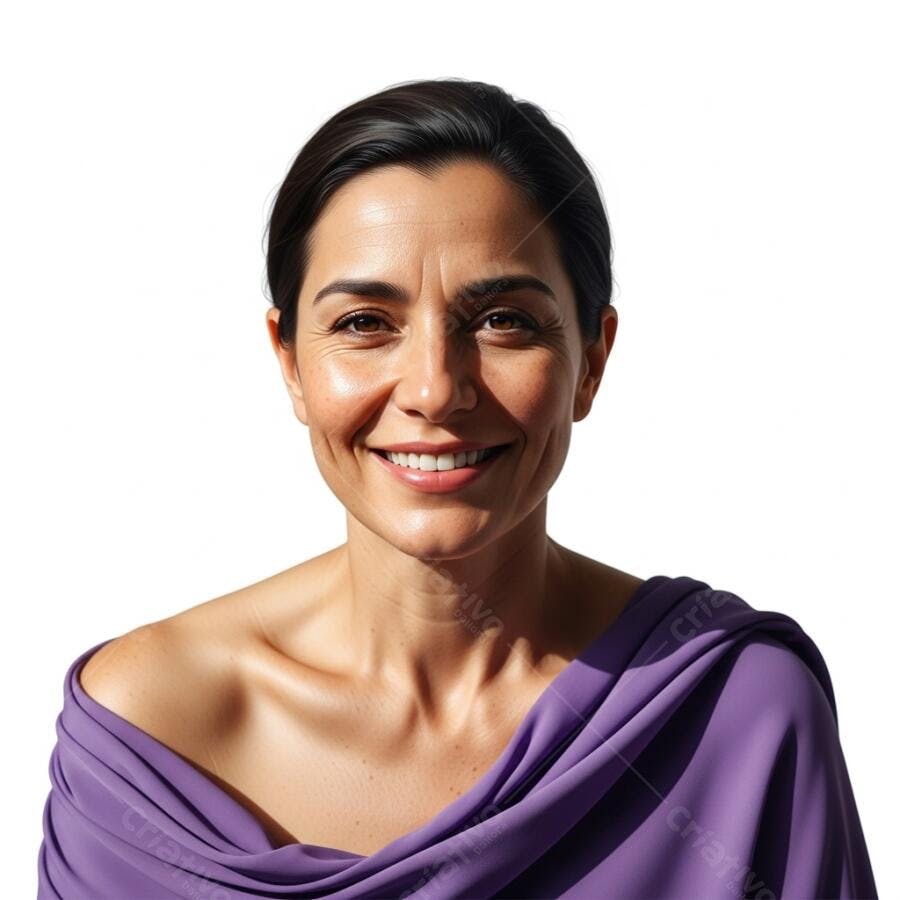 Mulher morena sorrindo feliz com tecido roxo drapeado em estúdio
