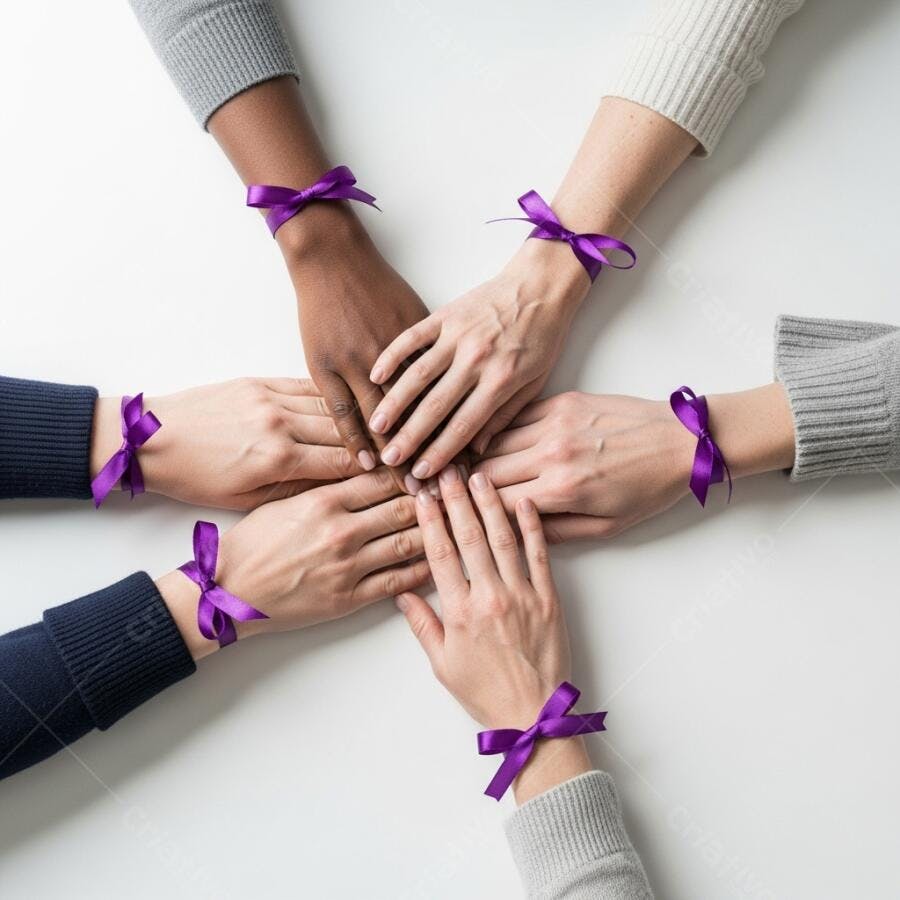Mãos diversas unidas com laços roxos símbolo de apoio e conscientização