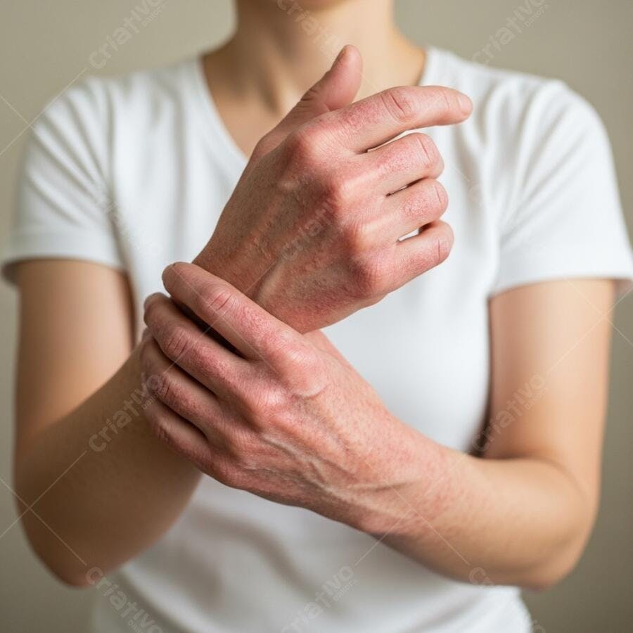 Mulher com dermatite nas mãos e pulso segurando a área afetada
