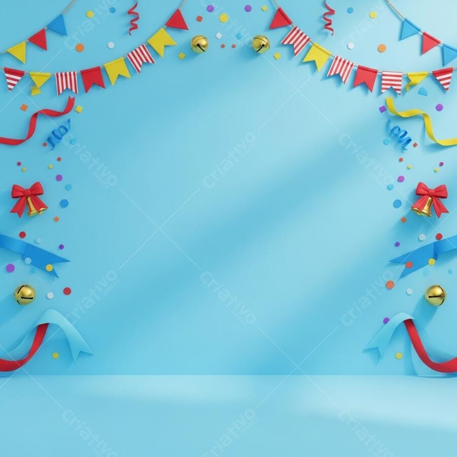 Fundo azul claro festivo com bandeirinhas e confetes coloridos