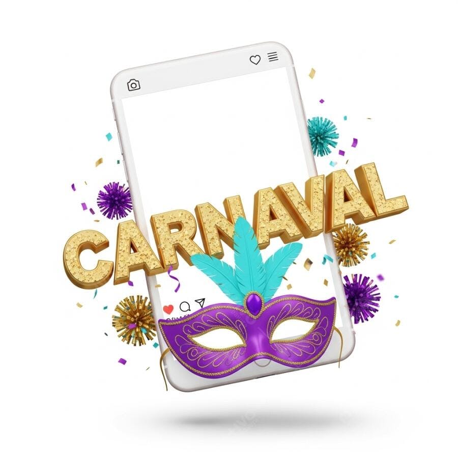 Carnaval digital máscara roxa plumas douradas e confetes em celular