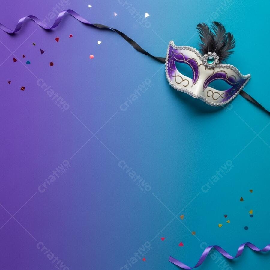 Máscara de carnaval roxa e azul com confetes em fundo degradê festivo