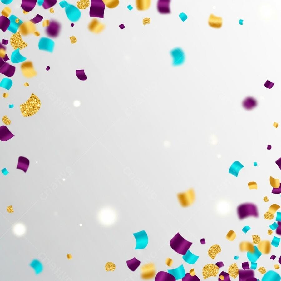 Confete dourado roxo e turquesa caindo em fundo festivo abstrato